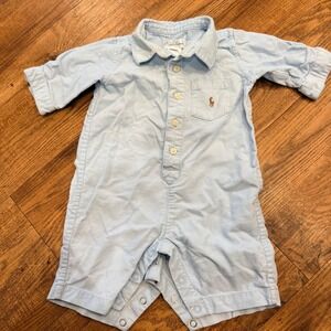 Ralph Lauren Baby Boy Light Blue Corduroy Romper Long Sleeve Pony Logo 3M